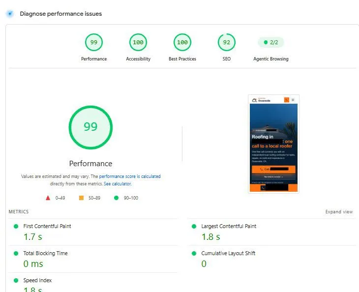Google PageSpeed Insights report for a factory roofing site with top scores on mobile