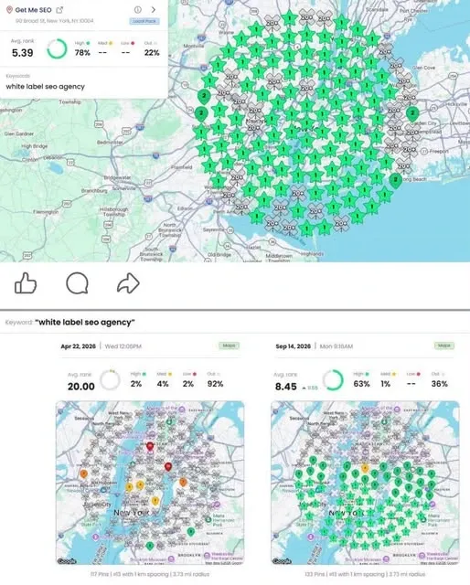 Local rank grid for white label seo agency going from an average rank of 20 to mostly number 1 pins across New York